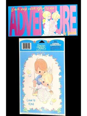 Vintage Precious Moments Window Cling & Mini Poster Postcard Love Is Kind Faith